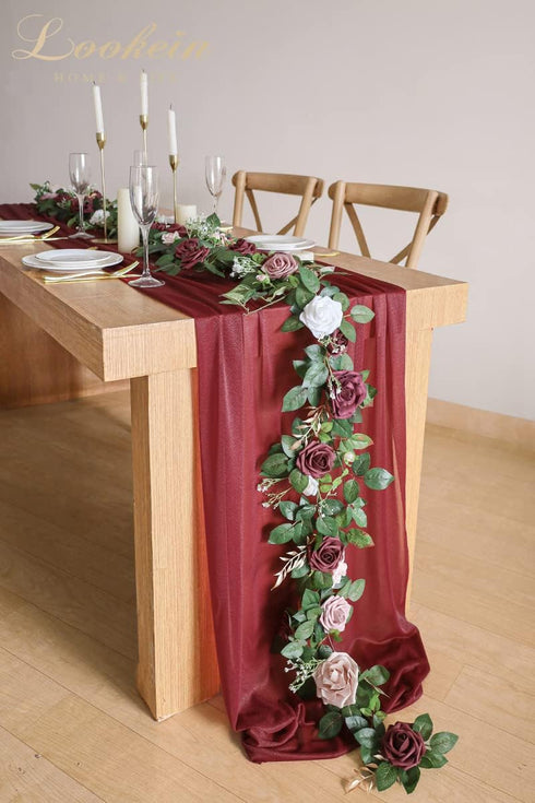 Lookein 10 Feet Burgundy Chiffon Table Runner Sheer Wedding Table Cloth 29x120 Inches Rustic Wedding Decorations French Chiffon Table Runner...