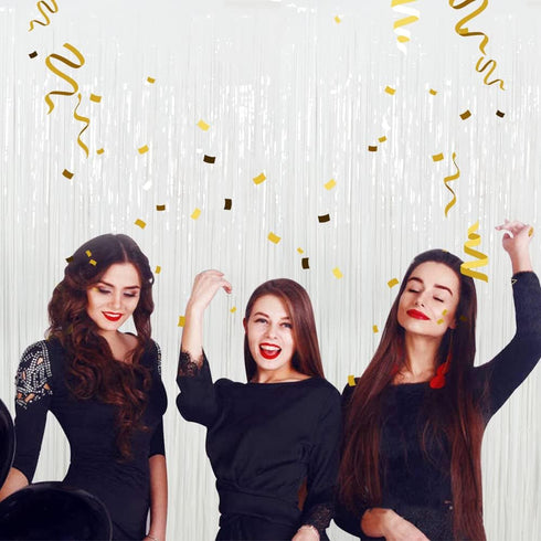 3Pcs White Metallic Tinsel Foil Fringe Curtains, 3.28ft x 6.56ft White Photo Booth Backdrop Streamer Curtain,Photo Booth Props, Bachelorette Party...