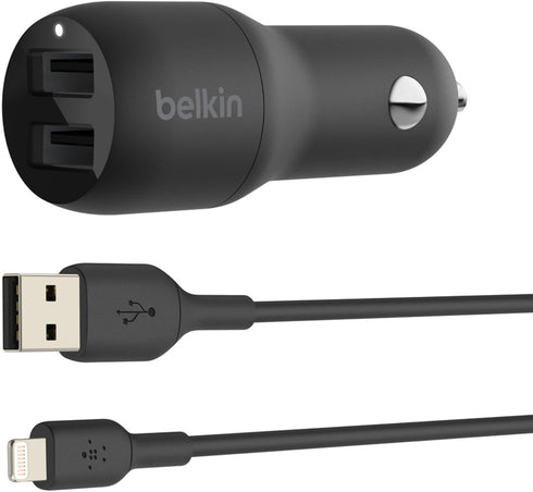 Belkin 24-Watt Dual USB Car Charger - 2 12W USB-A Ports with Lightning Cable - Fast Charging for Apple iPhone, Samsung Galaxy, AirPods, & More - U...