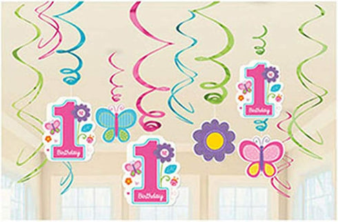 Amscan Foil Swirl Decorations | 1st Birthday Girl |Flowers and Butterflies Collection, 12 Pieces, Multicolor...