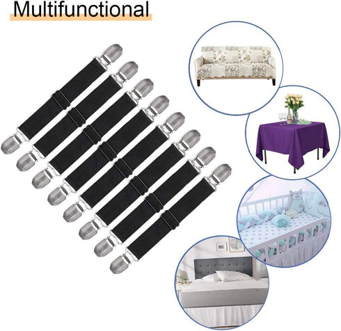 Adjustable Bed Sheet Straps Clips, Elastic Mattress Sheet Fasteners Holder and Suspenders, Grippers to Hold Sheet, Mattress, Sofa, Couch, Table Cl...