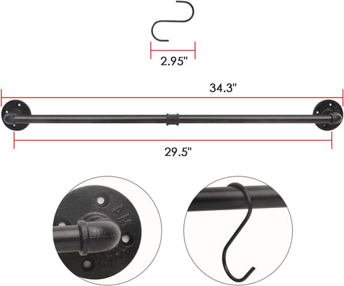 34.3 inch Industrial Pipe Pot Bar Rack with 15 S Hooks Rustic Iron Pots and Pans Hanging Rail Pipe Towel Holder Wall Mounted Detachable Kitchen Ut...