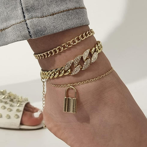 Boho Vintage Rhinestones Chunky Ankle Bracelets Gold Chain Beach Lock Anklet Bracelet Simple Adjustable Anklet Set for Women 3Pcs...