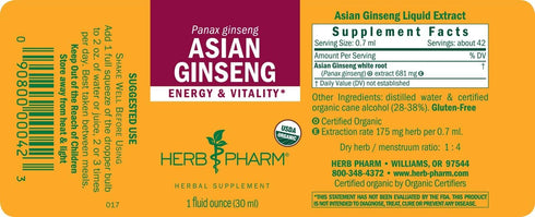 Herb Pharm Asian (Panax) Ginseng Liquid Extract for Energy and Stamina Support - 1 Ounce...