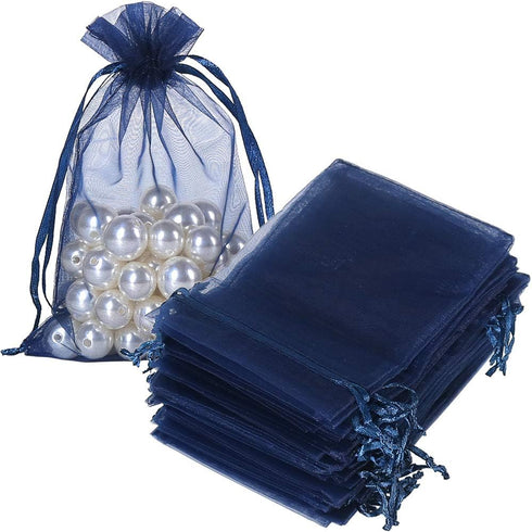 HRX Package 100pcs Organza Gift Bags Navy Blue, 4 x 6 inch Mesh Jewelry Pouches Drawstring Party Favor Bags for Small Sample Christmas Candy...