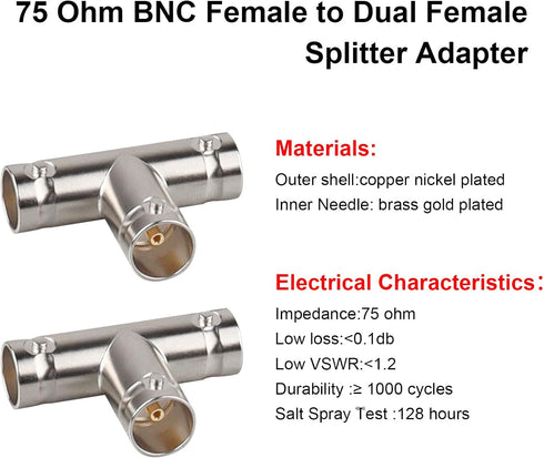 2PCS BNC Splitter Adapter 75 Ohm BNC Female to Dual Female Splitter 1 in 2 Out for SDI HD-SDI Scope CCTV Security System Monitor Connector...