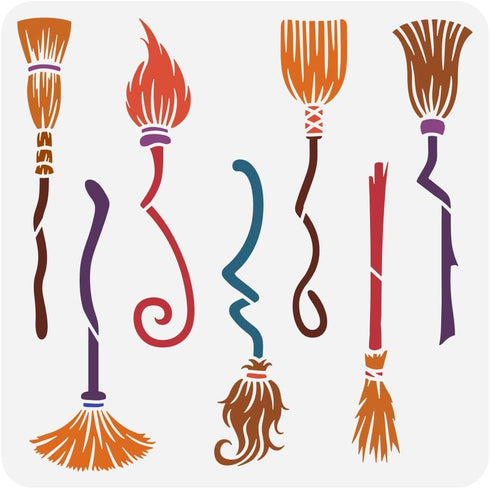 FINGERINSPIRE Witch Brooms Painting Stencil 11.8x11.8 inch Large Broomsticks Drawing Template Plastic PET Magic Brooms Stencil for Painting Hollow...