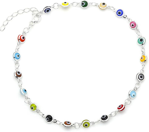 Multi-Color Guardian Eye Talisman Small Beads Anklet Bracelet on 925 Sterling Silver Adjustable 8.5" - 9.5"...