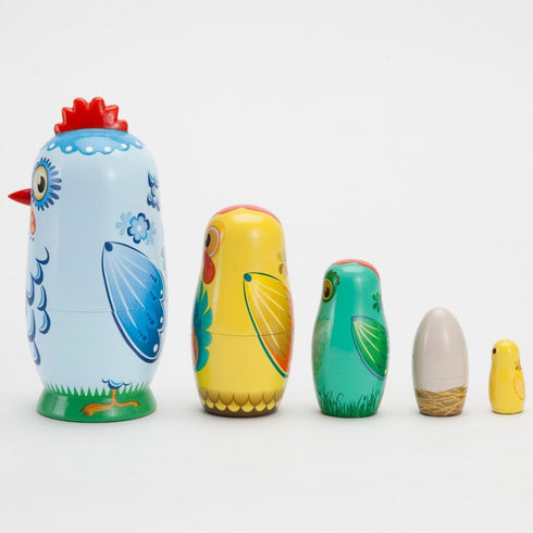 Bits and Pieces - "Hazel & Friends Nesting Chickens - Hand Painted Wooden Nesting Dolls - Matryoshka - Set of 5 Dolls from 5-1/2" Tall...