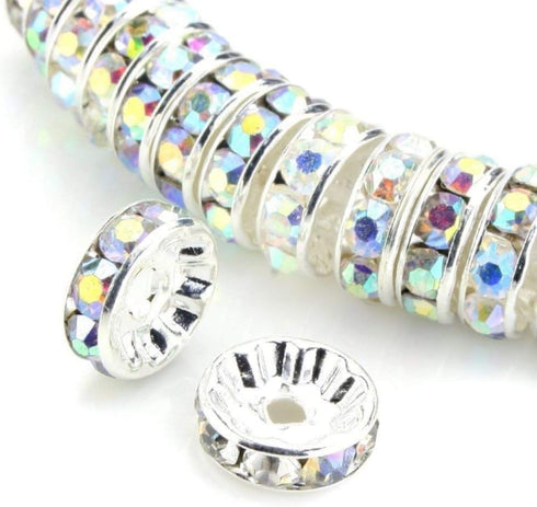Allb 100Pcs Rondelle Spacer Beads 10mm Silver Plated Czech Crystal Rhinestone for Jewelry Making Loose Beads for Bracelets...