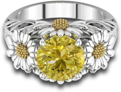 Lzz Fashion Lady 925 Sterling Silver Ring 3.5ct Citrine Daisy Ring Cubic Zirconia Sunflower Flower Wedding Ring Size 6-10 (US Code 6)...