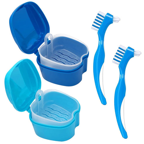 Denture Cleaner Box and Brush Set - 2 Pack Denture Bath Case with Basket + 2 Pack Denture Brush, Portable Denture Retainer Storage Box, False Teet...