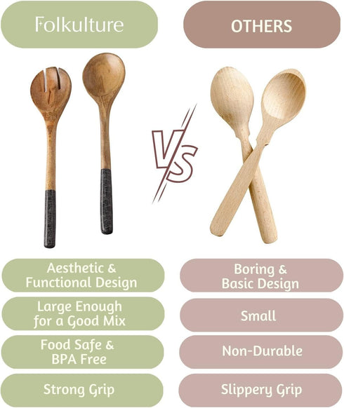 Folkulture Salad Servers or Salad Tongs, Wooden Utensils for Serving Salad, 12-inch Spoon and Fork Set, Mango Wood, Black Servers...