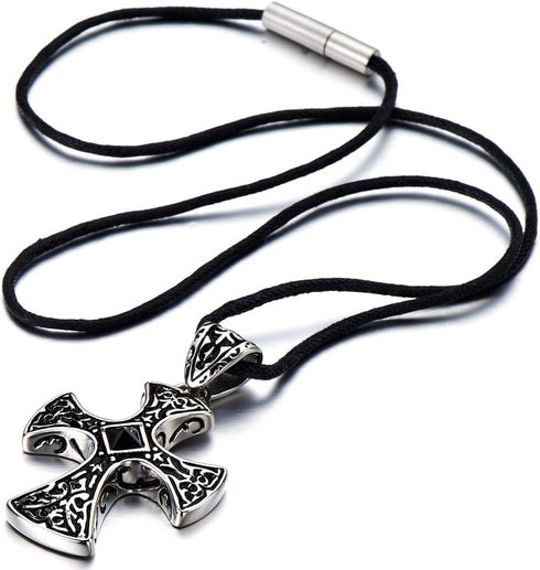 COOLSTEELANDBEYOND New Stainless Steel Gothic Celtic Cross Pendant Necklace with Cz Accent 22.8 Inches Black Silicone Cord...