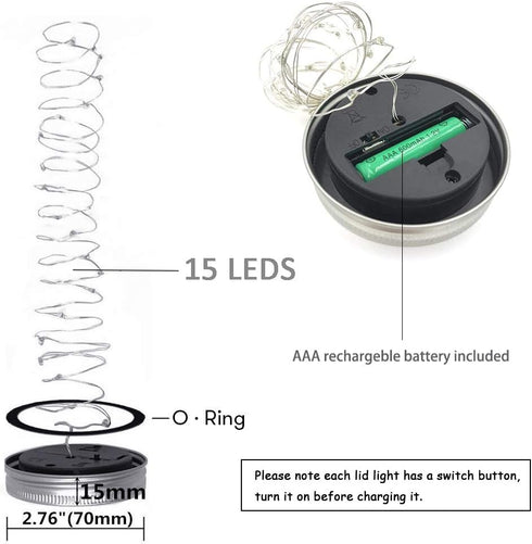 Solar Mason Jar Lights, 8 Pack 15 LED Waterproof Fairy Firefly Jar Lids String Lights with Hangers(NO JARS), Patio Yard Garden Wedding Easter Deco...