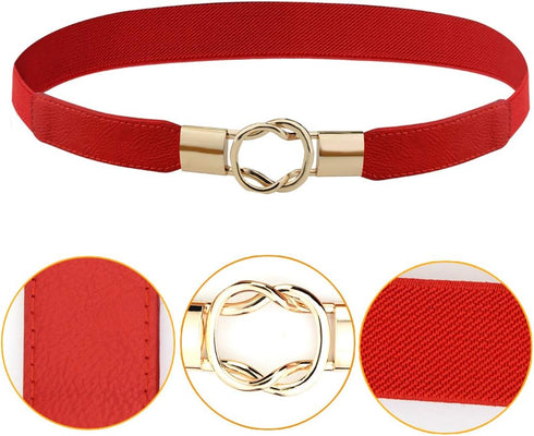 4 Pcs Women Retro Waist Belt Metal Buckle Skinny Stretchy Waist Belt for Dress (Black + Red + White + Khaki...