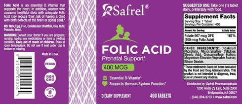 Safrel Folic Acid 400 mcg - Vitamin B9-400 Tablets, Essential Prenatal and Postnatal Vitamin for Fetal Development, Red Blood Cell Production, Cel...