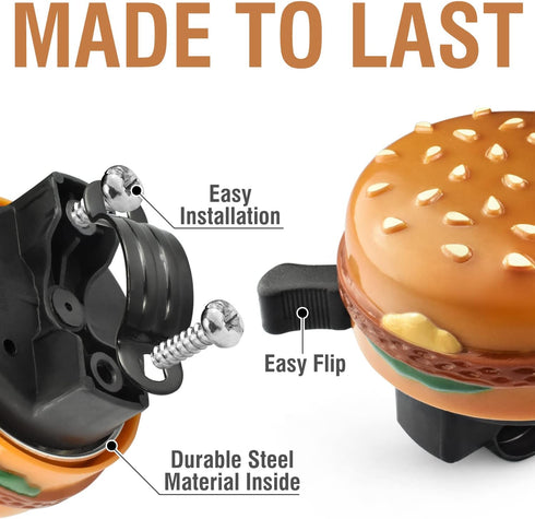 MARQUE Hamburger Bike Bell – Bicycle Bell for Most Bikes, Also Fit Balance Bike and Scooter, Must Have Cycling Accessory...