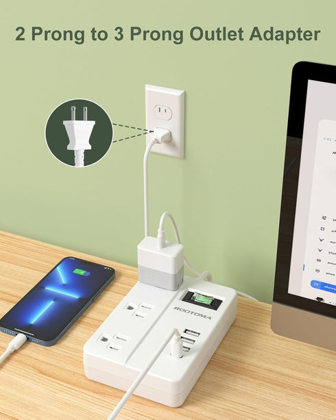 2 Prong Power Strip with USB-C, ROOTOMA 2 Prong to 3 Prong Outlet Adapter, 1080J 2 Prong Surge Protected with 3 Outlet & 4 USB, 3 Prong Adapter 4f...