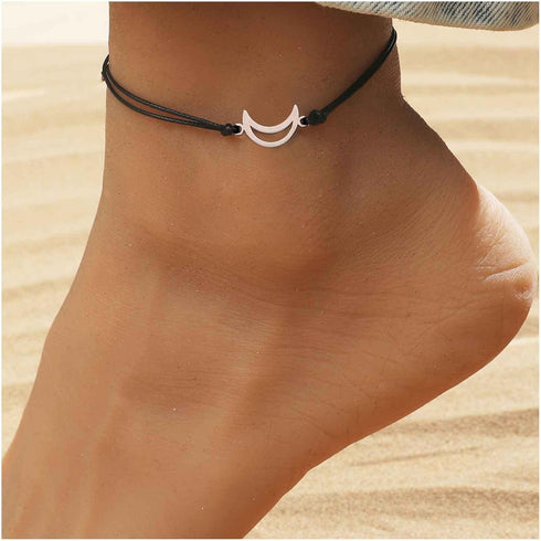 Bohemian Hollow Moon Anklet Bracelet Black Woven Rope Moon Ankle Bracelet Crescent Moon Chain Anklet Adjustable Wax Anklets Summer Beach Foot Chai...