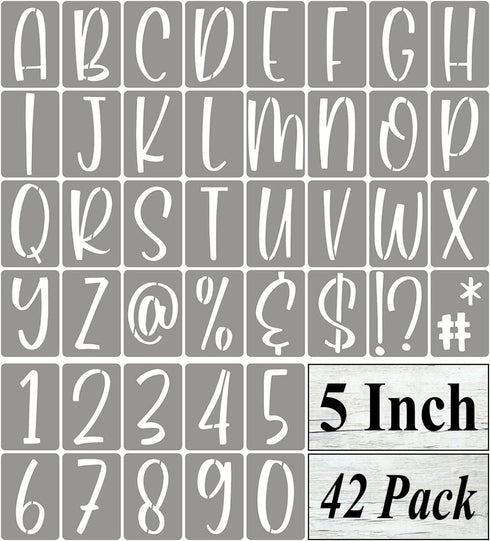 5 Inch Alphabet Letter Stencils for Painting - 42 Pack Letter and Number Stencil Templates with Signs for Painting on Wood, Reusable Letters and N...