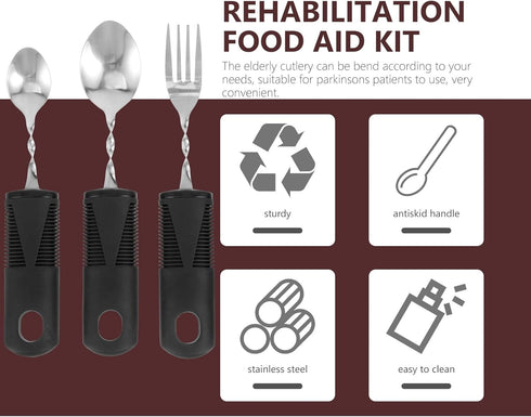 Beavorty Adaptive Utensils 3pcs Curved Spoon Fork with Non- Handles Stainless Steel Eating Silverware for Hand Tremors Elderly...