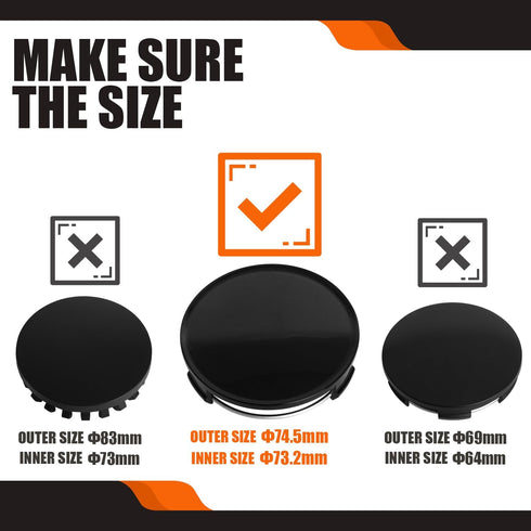 TMS 2.9Inch 75MM Wheel Center Caps, Pack of 4 (Gloss Black, Outer 75MM, Inner 73MM)...