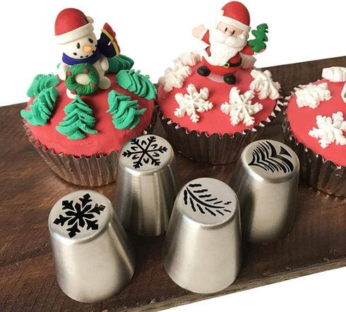 4 PCS Christmas Pastry Icing Piping Nozzles,Special Stainless Steel Russian Piping Tips Set,Cake Decorating Tools(1 Christmas Tree,2 Snowflake,1 L...
