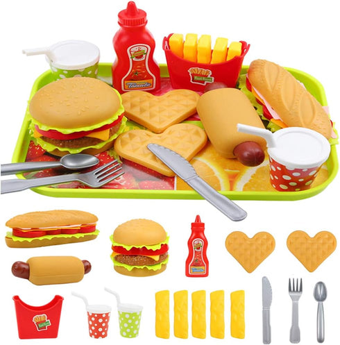 Pretend Play Fast Food Set, Play Food for Kids Kitchen - Play Kitchen Accessories - Toy Foods with Play Burger and Hot Dog Plastic Food for Preten...