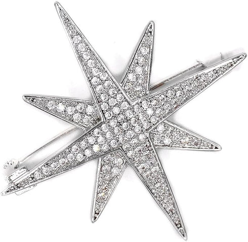 Victorian Style Full Micro Pave Double Layered 8 Pointed Burst Star Brooches Pins Celestial Jewelry...