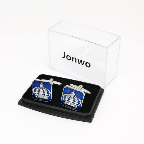 Blue Square Royal Crown Crystal Cuff Links for Men Lady in Gift Box Unisex Metal Cufflinks for Business Wedding Anniversary...