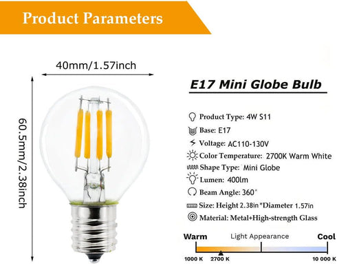 2-Pack E17 Mini Globe Bulb S11 LED Light Bulb,E17 Intermediate Base 4W Warm White 2700K,40 Watt S11 G40 Incandescent Bulb Replacement for Desk Lam...