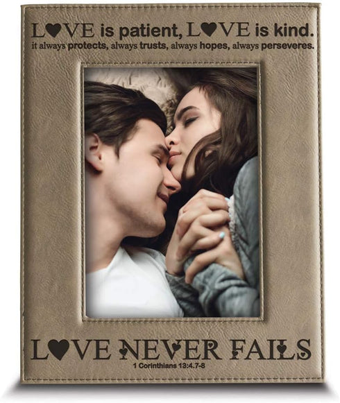 BELLA BUSTA -Love Never Fails-1 Corinthians (bible verse)-Anniversary for Her, Him-Valentines Day- Engraved Leather Picture Frame (5 x 7 Vertical)...