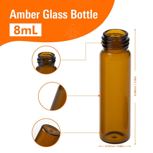20 PCS 8ML (2 dram) Amber Small Liquid Sample Glass Vials with Screw Caps, 17mmx 60mm Leak-Proof Vial, 15-425 Black Screw Cap with PE Liners for L...