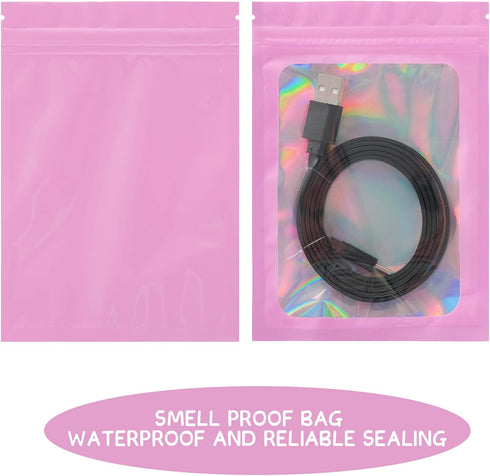 100 Pack Smell Proof Bags- Resealable Mylar Holographic Packaging Pouch Bag with Clear Window for Food Storage Eyelash Jewelry Electronics Storage...