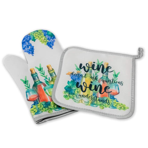 Decorative Kitchen Hot Plate Pot Holder Oven Mitt Set | Wine And Grapes Purple Green Novelty Spring Summer Fall | White Home Decor Holiday Decorat...