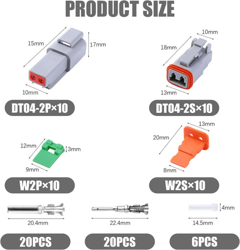 86 PCS Deutsch DT Grey 2 Pin Connectors 10 Set, Waterproof Electrical Wire Connector with Stamped Contacts and Seal Plug for Truck, Off-Road Vehic...