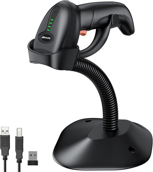 Bluetooth Wireless Barcode Scanner with Stand,Alacrity 3-in-1(Bluetooth & 2.4GHz Wireless & USB Wired) Bar Code Reader,1800mA*H Rechargeable Batte...