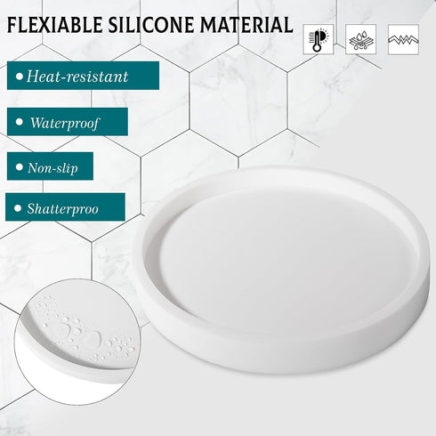Silicone Bathroom Tray Round Vanity Tray Decorative Soap Holder Kitchen Countertop Organizer Coffee Table Decor for Candle, Perfume, Plant, 9 Inch...