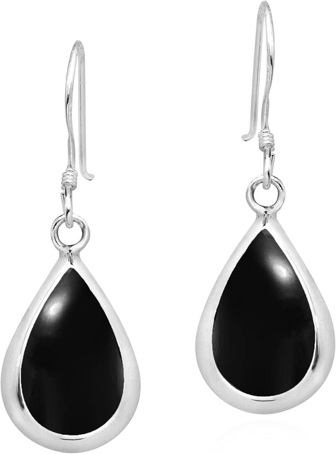 AeraVida Elegant Teardrops of Simulated Black Onyx Stone Inlay .925 Sterling Silver Dangle Earrings | Black Onyx Earrings | Silver Teardrop Dangle...