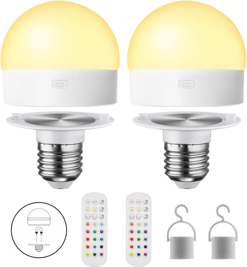 Rechargeable Light Bulbs for Sconce and Lamp with Remote, RGB, Timer, Dimmable, E26 Battery Operated Light Bulb, 3 Color Temperature, 2Pack...