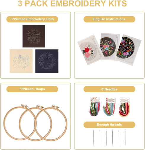 GOKURVG Embroidery Starter Kit with Floral Pattern and Instructions Hoops Floss Threads Needles,3 Pack Cross Stitch Kits Embroidery Kit for Adults...
