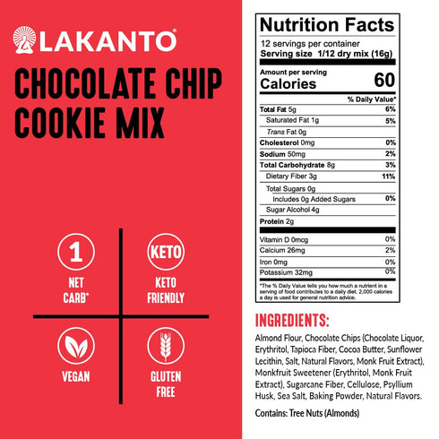 Lakanto Sugar Free Chocolate Chip Cookie Mix - Sweetened with Monk Fruit Sweetener, Gluten Free, Keto Diet Friendly, Vegan, 2g Net Carb, Almond Fl...