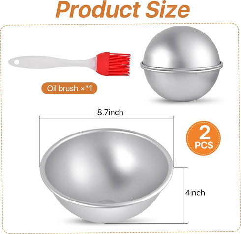 2Pcs Aluminum Hemisphere Pan, 8 Inch Sphere Half Ball Cake Pan, Nonstick 3D Round Shape Cake Molds for Baking, Football Cake Pan for Birthday Wedd...