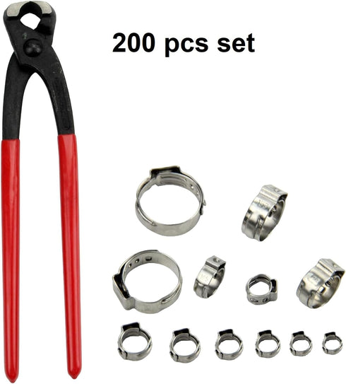 200 Pcs 304 Stainless Steel Stepless Single Ear 5-33mm Hose Clamps with Pincers Crimper Tool Kit | Securing Pipe Hoses Automotive | Cinch Rings Pi...