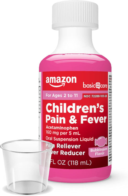 Amazon Basic Care Children's Pain Reliever Oral Suspension Liquid, Bubblegum Flavor, Acetaminophen 160 mg per 5 ml, Effective, Fever Reducer for A...
