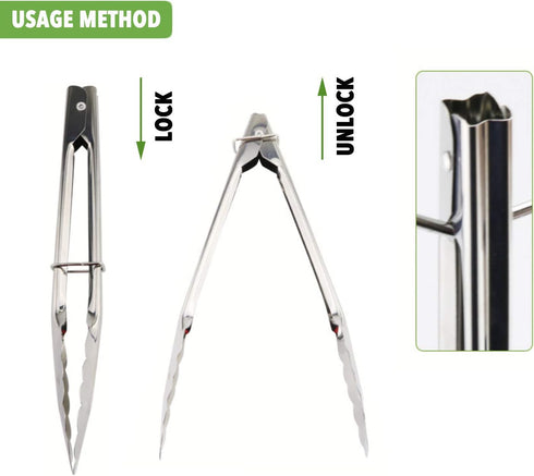 Mini Stainless Steel Food Tongs with Silding Rings 7-Inch - Set of 6 - Small Clam Shell Service Tongs for Serving Appetizers, Desserts, Salads, Ba...