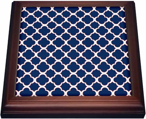 3dRose Quatrefoil Pattern Navy Blue & White with Red Accent Trivet with Ceramic Tile, 8 by 8", Brown...