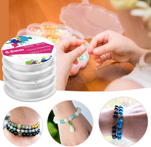 0.6mm/4 Rolls Elastic Stretch Thread for Bracelets, Transparent Beading String with 2 Sizes Big Eye Bead Needles and Needle Bottle, Clear Stretch ...