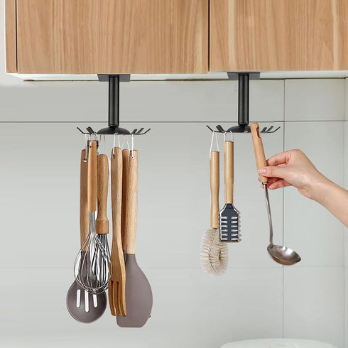 2 PCS Kitchen Rotating Utensils Hooks, Matte Black Cooking Utensil Rack with 8 Rotatable Hooks for Spoons Pots Rags. Top Mounted Metal Kitchen Ute...